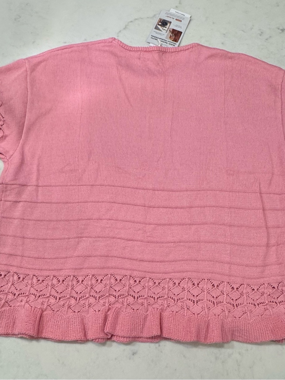 Women's Pink Knit Short-Sleeve Sweater with Lace-Trim Hem - Picture 8 of 9